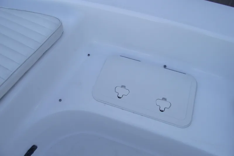 Slide: The Image of White interior of 2021 Savannah SS21 boat with storage compartment and seat. - 10