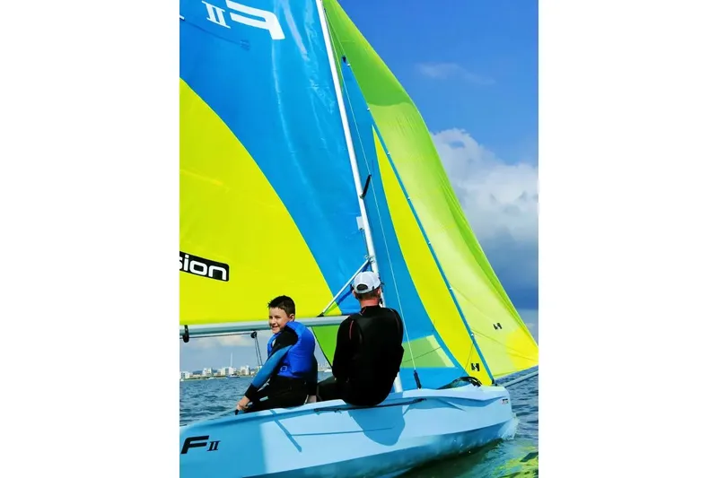 Slide: The Image of Two people sailing on a 2025 SERO Innovation Fusion II boat with colorful sails. - 4