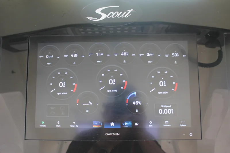 Slide: The Image of 2018 Scout 380 LXF dashboard display with Garmin navigation and engine metrics. - 39