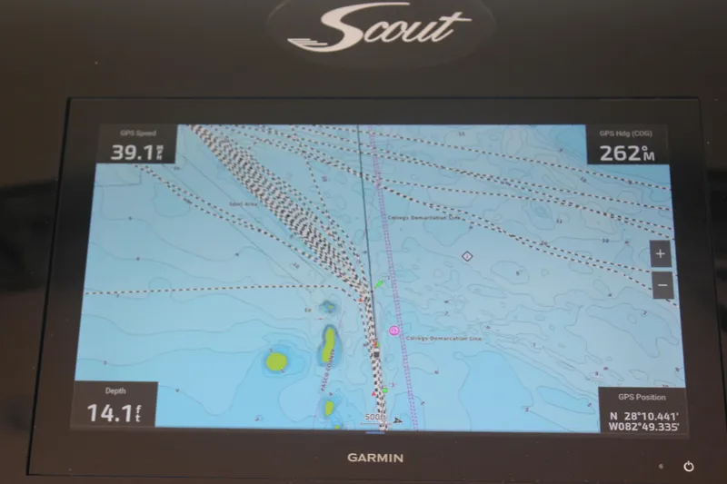 Slide: The Image of Garmin GPS display on 2018 Scout 380 LXF showing speed, heading, and depth. - 61