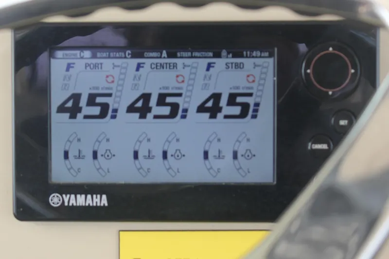 Slide: The Image of Yamaha engine display on 2018 Scout 380 LXF boat dashboard showing speed and stats. - 69