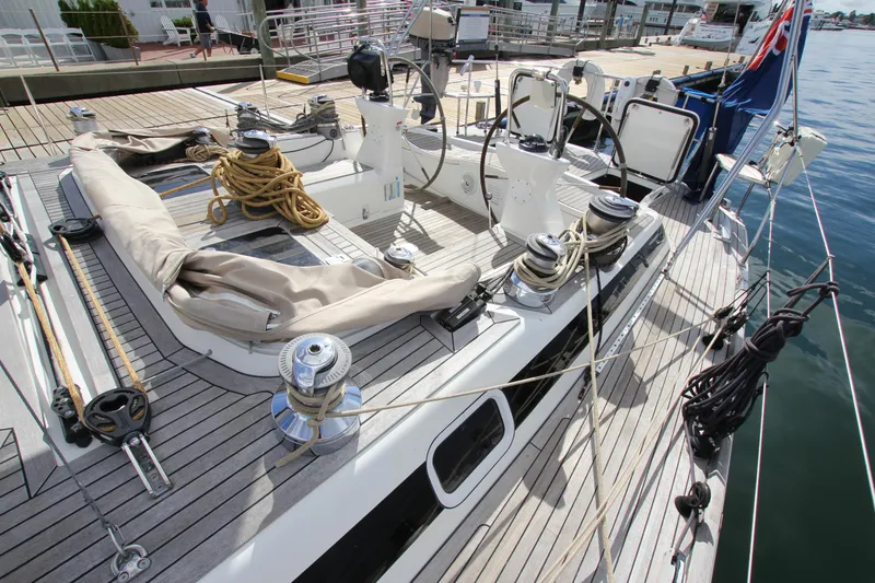 Slide: The Image of Deck view of 2004 Nautor Swan 62 yacht with ropes and winches. - 16