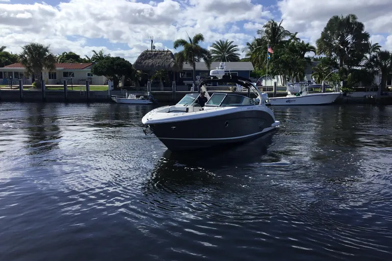 Slide: The Image of 2017 Regal 3200 Bowrider cruising on a sunny waterfront with palm trees. - 14