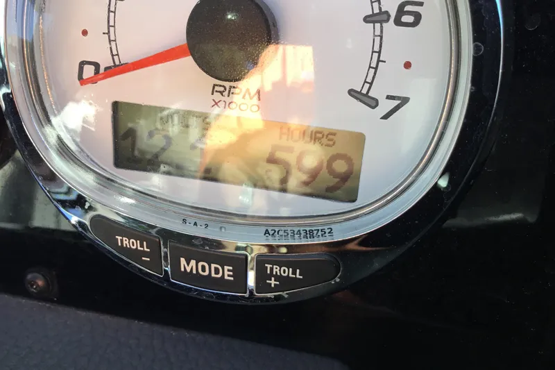 Slide: The Image of Close-up of 2017 Regal 3200 Bowrider tachometer displaying 599 hours. - 60