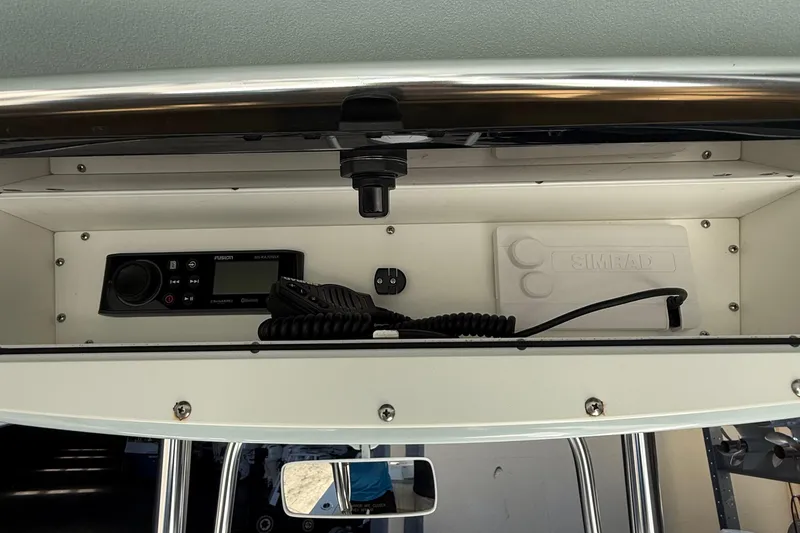 Slide: The Image of 2022 Dorado 25 Flat Deck boat console with Fusion stereo and Simrad equipment. - 44