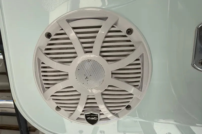 Slide: The Image of Close-up of a speaker on a 2022 Dorado 25 Flat Deck boat. - 48