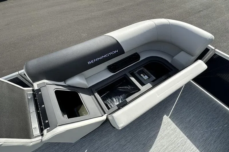 Slide: The Image of 2026 Bennington 22 SF boat interior with sleek gray and white seating. - 30
