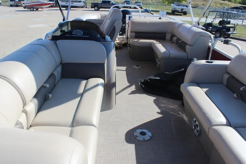 Slide: The Image of 2023 Sun Tracker Party Barge 22 RF DLX interior with spacious seating and modern design. - 7