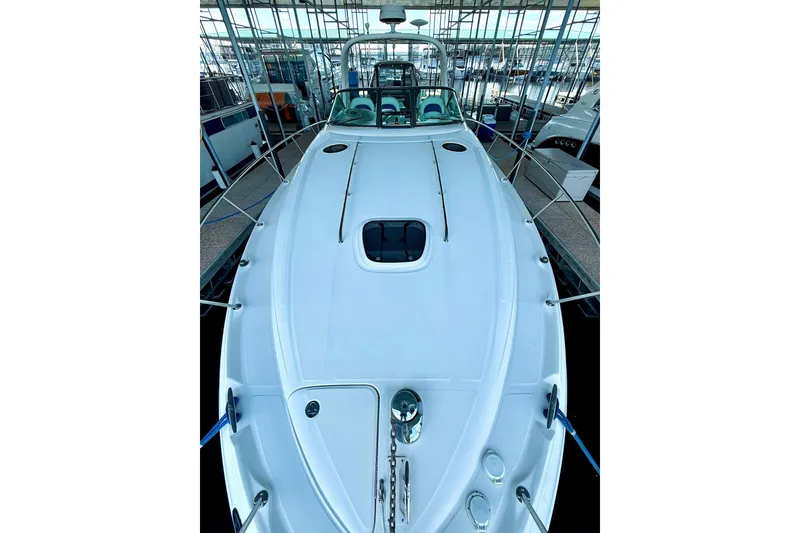 Slide: The Image of 2005 Sea Ray 340 Sundancer yacht docked in marina, top deck view. - 13