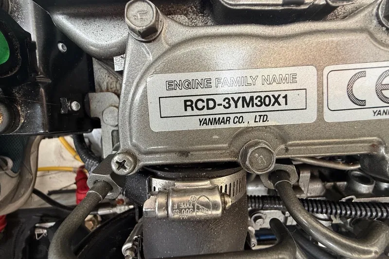 Slide: The Image of Close-up of Yanmar engine label on 2015 Hinckley DS 42, model RCD-3YM30X1. - 82