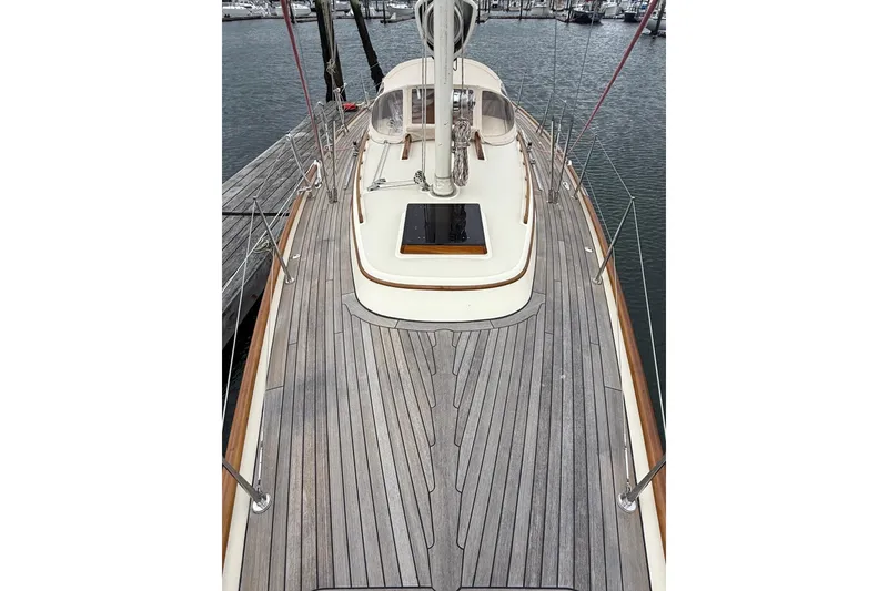 Slide: The Image of Hinckley DS 42 sailboat deck, 2015 model, docked at marina. - 23