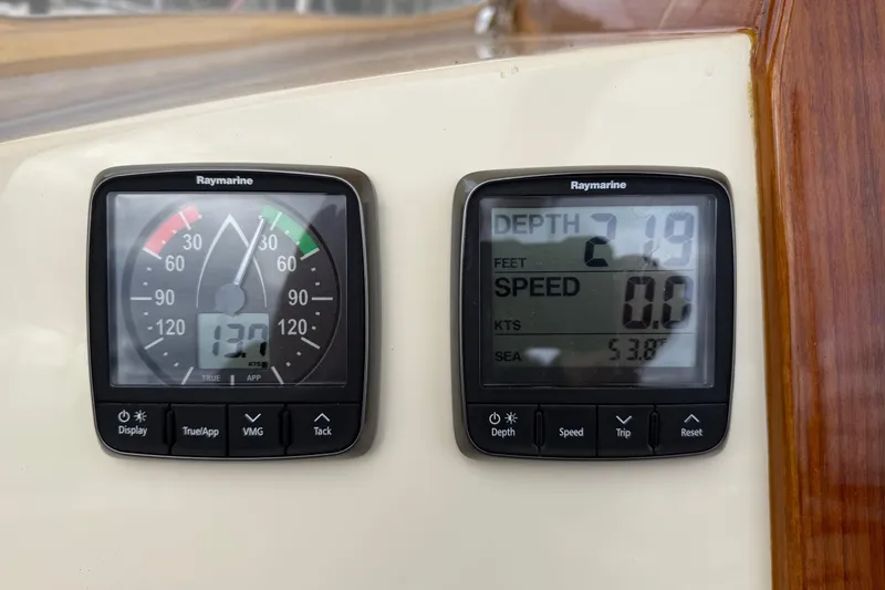 Slide: The Image of Hinckley DS 42 yacht instruments showing depth, speed, and wind data, 2015 model. - 46