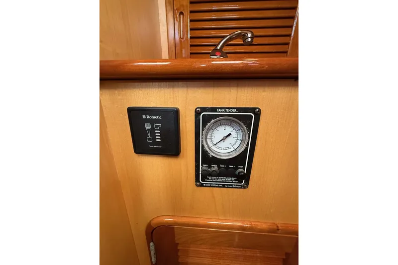 Slide: The Image of Hinckley DS 42 yacht interior with Dometic control panel and tank tender gauge, 2015 model. - 69