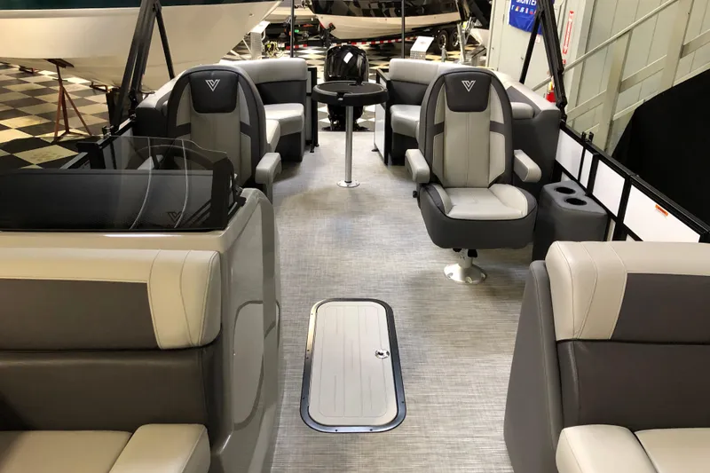 Slide: The Image of Luxurious interior of 2026 Viaggio V22U pontoon boat with plush seating and modern design. - 10