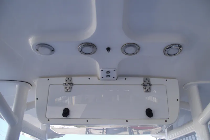 Slide: The Image of 2019 Sea Hunt BX 22 BR boat interior ceiling with lights and storage compartment. - 26