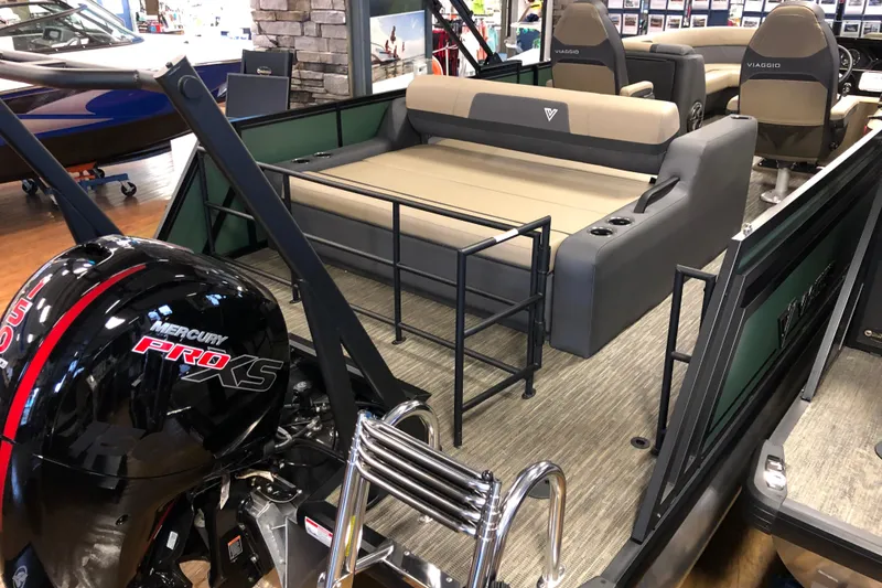 Slide: The Image of 2026 Viaggio X22S pontoon boat interior with Mercury Pro XS engine, showcasing seating and ladder. - 4