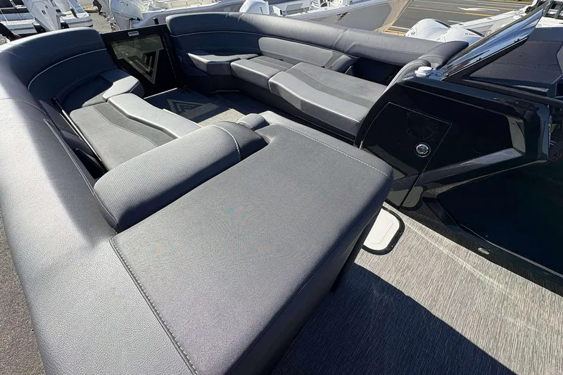 Slide: The Image of Luxurious seating area on a 2025 Viaggio D26U boat, featuring sleek gray upholstery. - 20