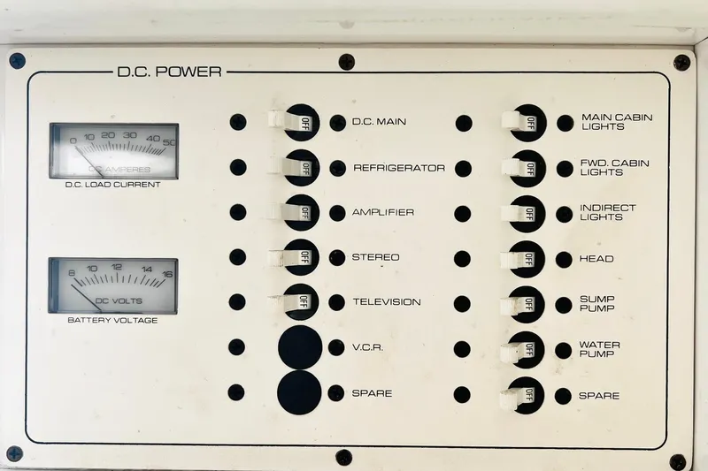 Slide: The Image of 1996 Baja .38 Special A.C. power control panel with various switches and indicators. - 64