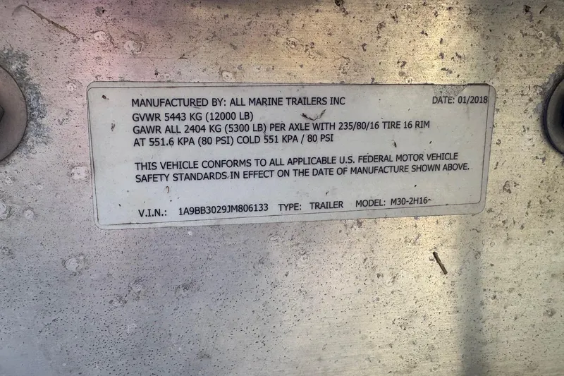 Slide: The Image of Label on trailer showing specifications and compliance details, dated January 2018. - 44