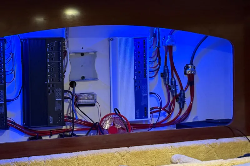 Slide: The Image of Electrical panel with wiring in a 2004 Formula 370 Super Sport boat. - 50