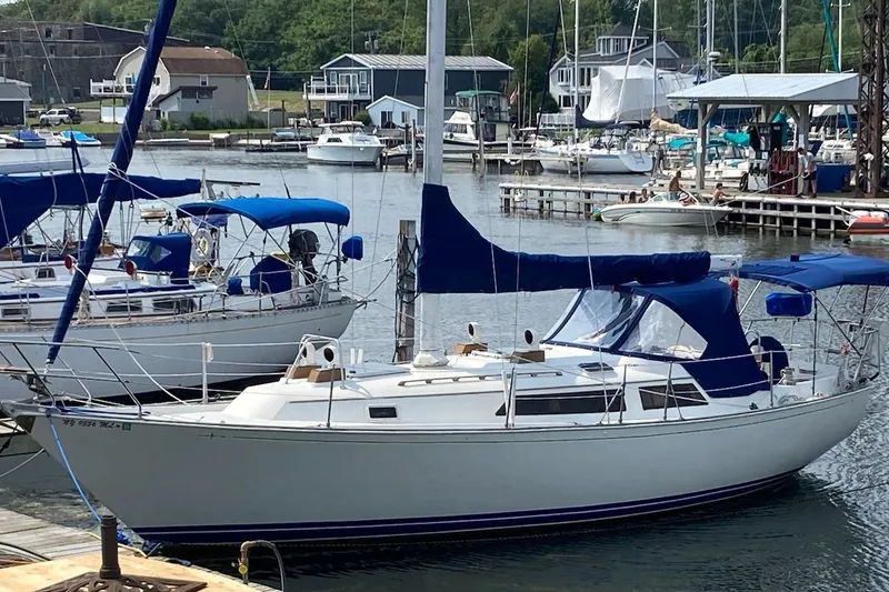 The Image of 1982 C&C Landfall 35 sailboat docked in a marina with blue covers. - 0