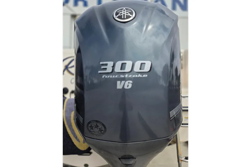 Slide: The Image of Yamaha 300 V6 four-stroke outboard engine on 2013 Grady-White Express 330 boat. - 9