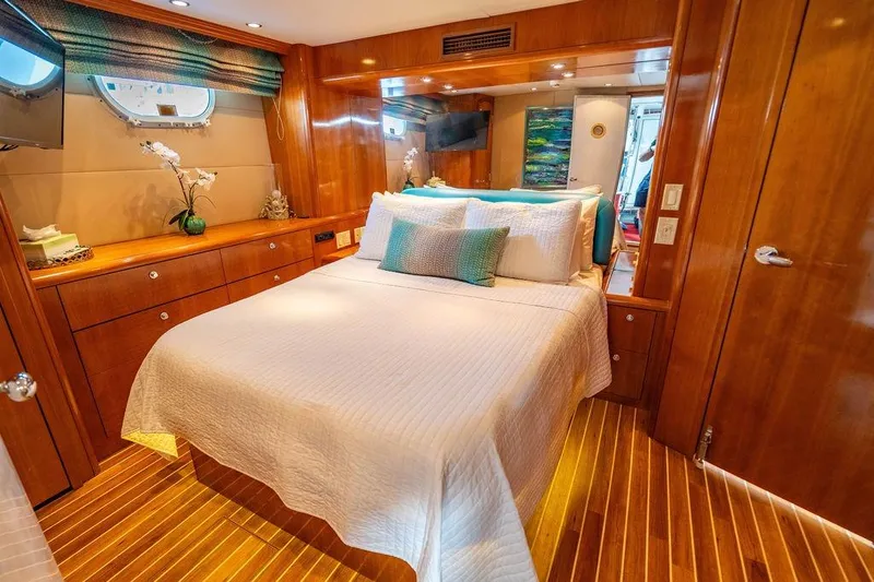 Slide: The Image of Luxurious bedroom interior of 2003 Hatteras 75' Cockpit MY yacht with elegant wood finish. - 16