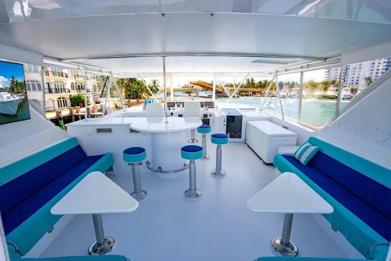 Slide: The Image of Luxurious interior of 2003 Hatteras 75' Cockpit MY yacht with modern seating and ocean view. - 19