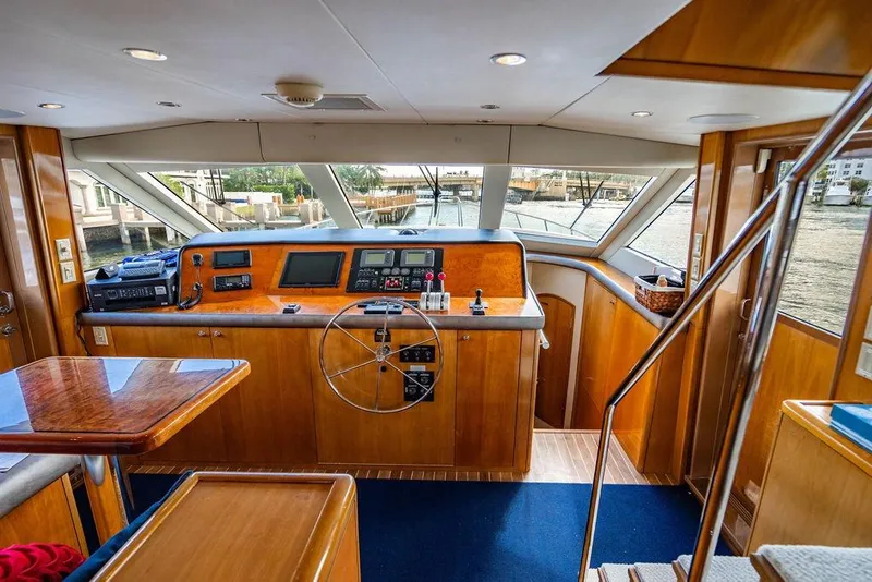 Slide: The Image of Interior of 2003 Hatteras 75' Cockpit MY yacht, featuring helm and navigation equipment. - 8