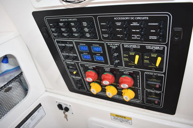 Slide: The Image of Control panel of a 2020 Sea Fox 288 Commander boat, featuring various switches and circuit controls. - 33