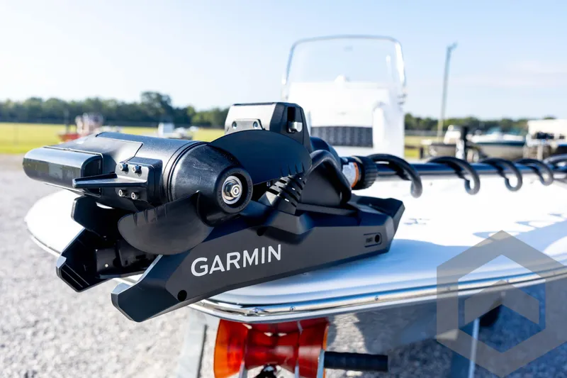 Slide: The Image of 2026 Tidewater 2110 Bay Max boat with Garmin trolling motor on deck. - 29