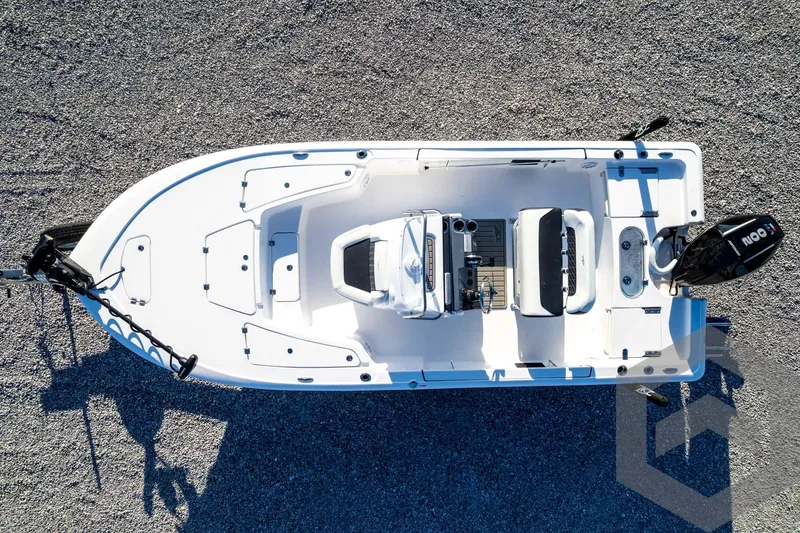 Slide: The Image of 2026 Tidewater 2110 Bay Max boat, aerial view, showcasing sleek design and spacious layout. - 71