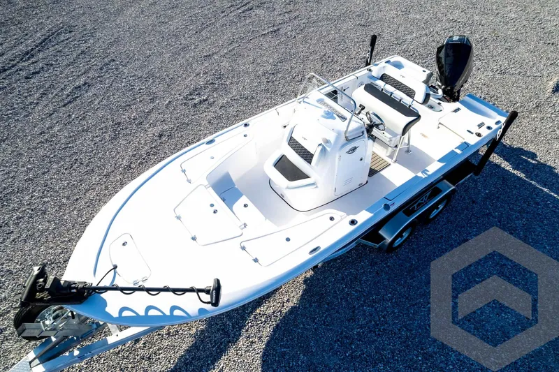 Slide: The Image of 2026 Tidewater 2110 Bay Max boat on trailer, aerial view, parked on gravel. - 75