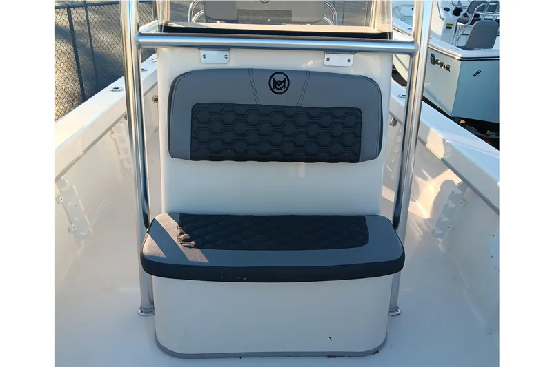 Slide: The Image of 2026 May-Craft 238 CC boat seating with gray cushioned backrest and stainless steel frame. - 9