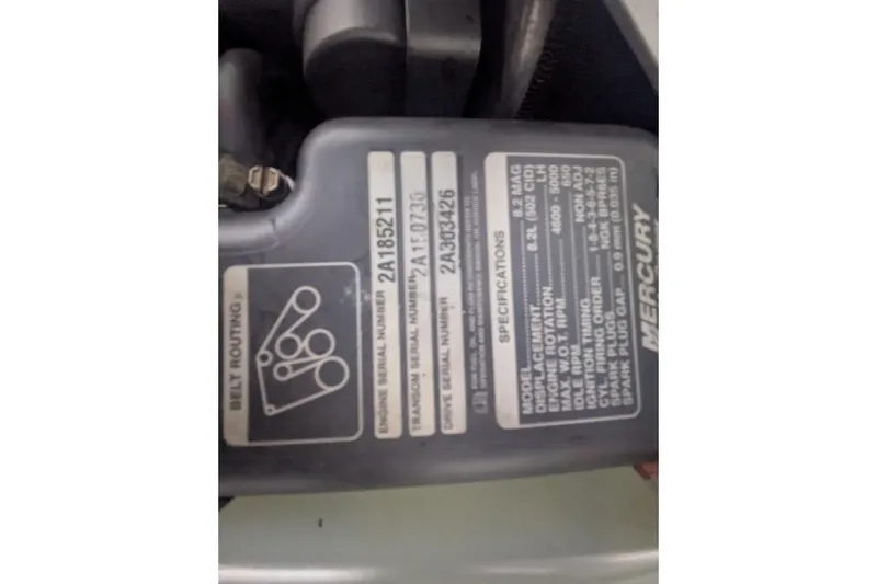 Slide: The Image of Close-up of Mercury engine specifications on a 2014 Formula 350 Crossover Bowrider. - 39