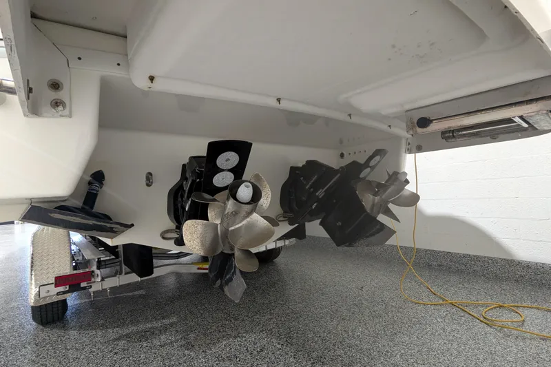 Slide: The Image of 2014 Formula 350 Crossover Bowrider propellers and stern on a trailer. - 46