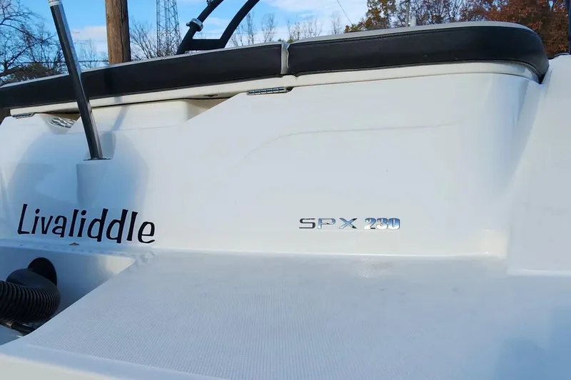 Slide: The Image of 2021 Sea Ray SPX 230 Outboard boat with custom name "Livaliddle" on the side. - 14
