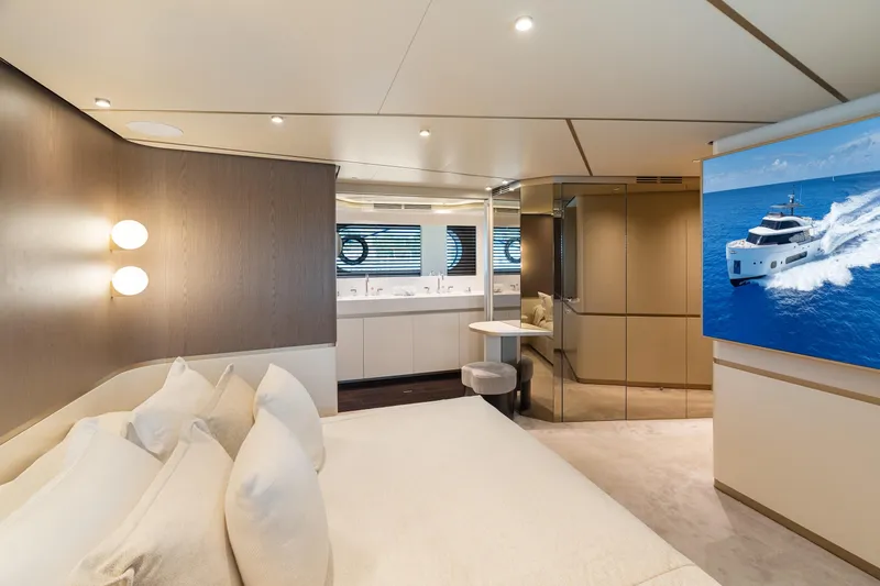 Slide: The Image of Luxurious bedroom interior of 2022 Azimut Magellano 25 Metri yacht with modern design elements. - 10