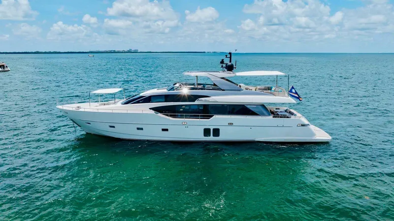 Slide: The Image of Luxurious 2022 Sanlorenzo SL86 yacht cruising on clear blue waters under a sunny sky. - 0
