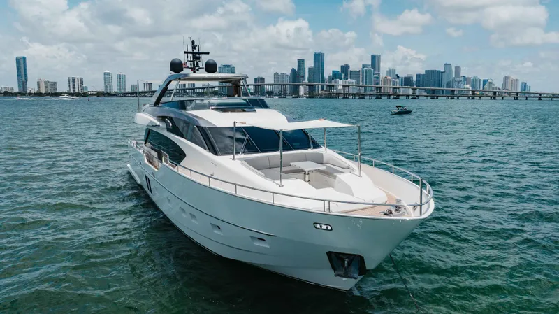 Slide: The Image of Luxurious 2022 Sanlorenzo SL86 yacht cruising near a city skyline on a sunny day. - 15