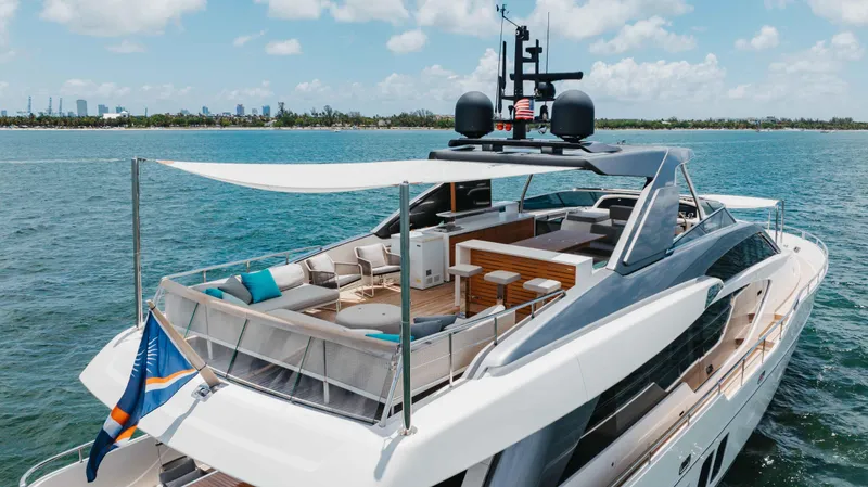 Slide: The Image of Sanlorenzo SL86 2022 luxury yacht on water, featuring spacious deck and modern design. - 22