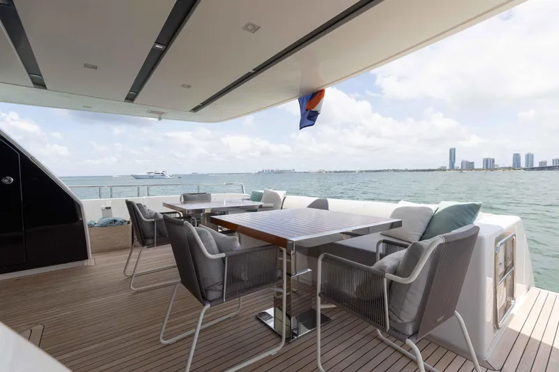 Slide: The Image of Outdoor deck of 2022 Sanlorenzo SL86 yacht with seating, overlooking ocean and city skyline. - 26