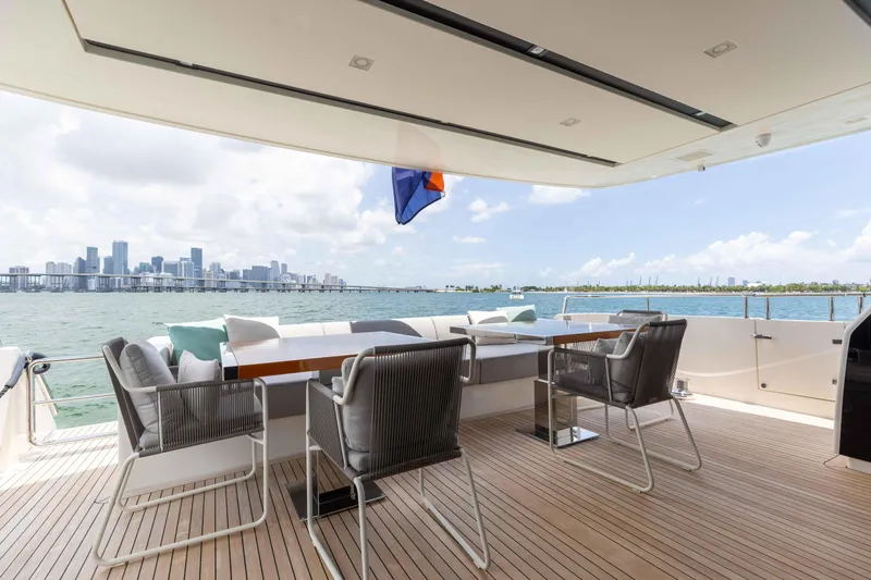 Slide: The Image of Luxury Sanlorenzo SL86 yacht deck with city skyline view, 2022 model. - 29