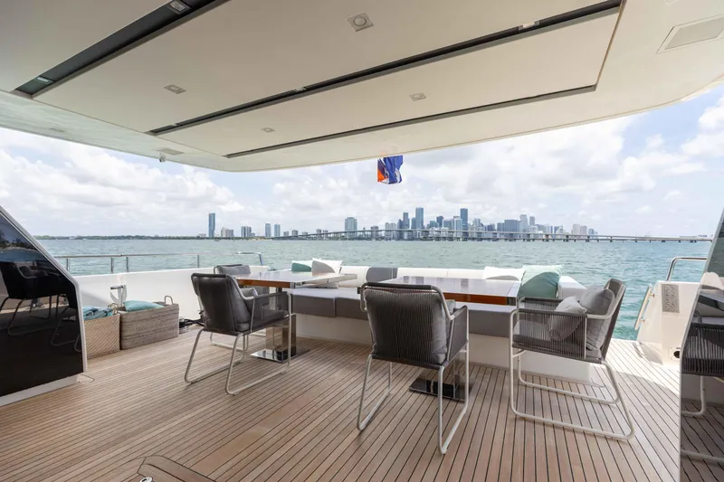 Slide: The Image of Luxurious 2022 Sanlorenzo SL86 yacht deck with city skyline view. - 31
