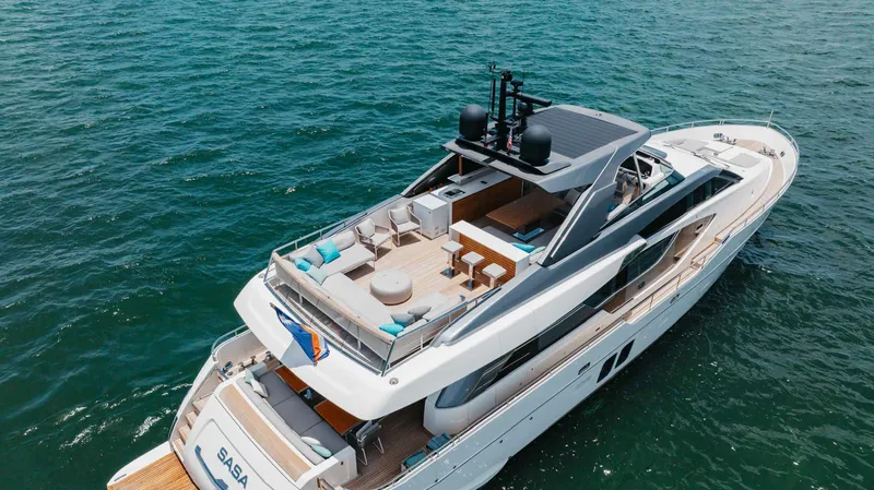 Slide: The Image of Sanlorenzo SL86 2022 luxury yacht cruising on open water, featuring spacious deck and modern design. - 4