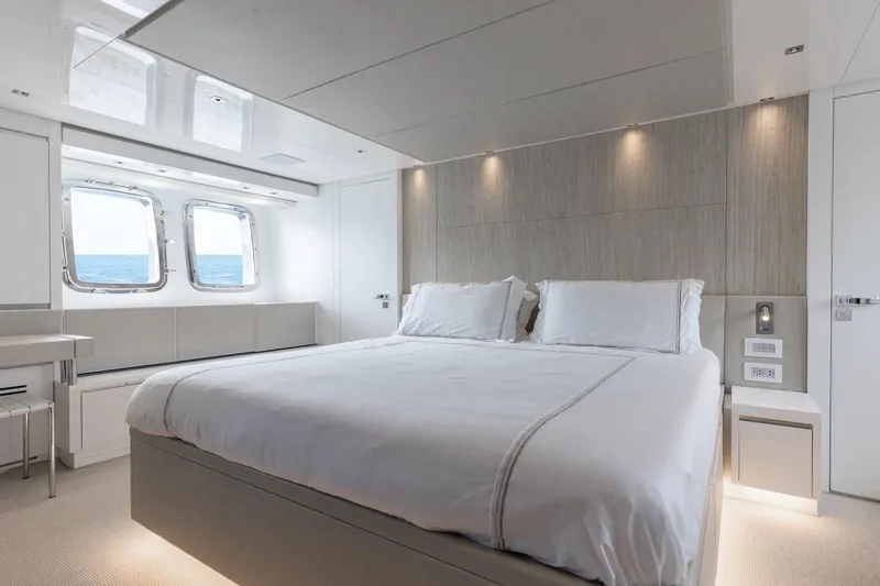 Slide: The Image of Luxurious bedroom interior on 2022 Sanlorenzo SL86 yacht with ocean view windows. - 44