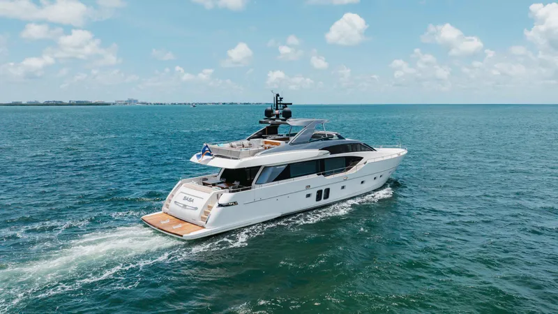 Slide: The Image of 2022 Sanlorenzo SL86 yacht cruising on open sea under blue sky. - 9