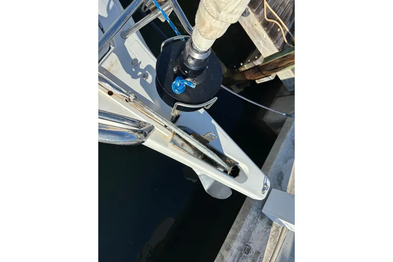 Slide: The Image of Jeanneau Sun Odyssey 389 sailboat bow detail, docked, 2018 model. - 24