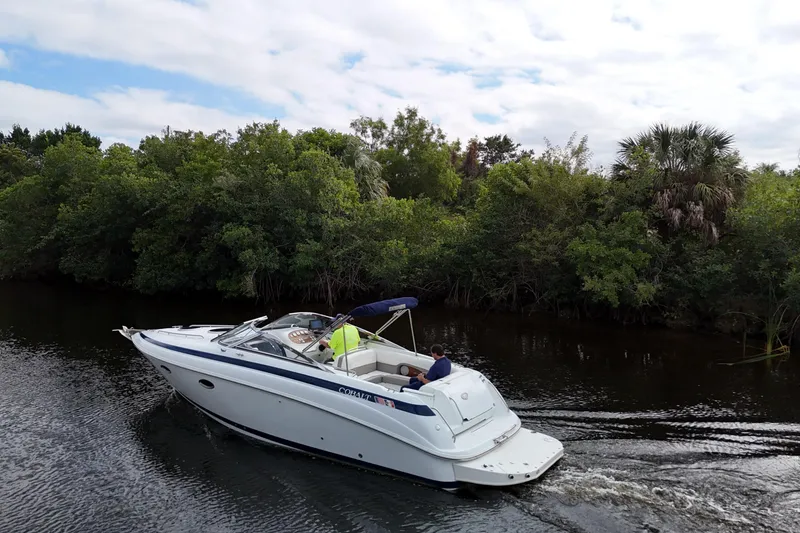 Slide: The Image of Covered 1999 Cobalt 293 boat on trailer, parked outdoors with greenery in the background. - 73