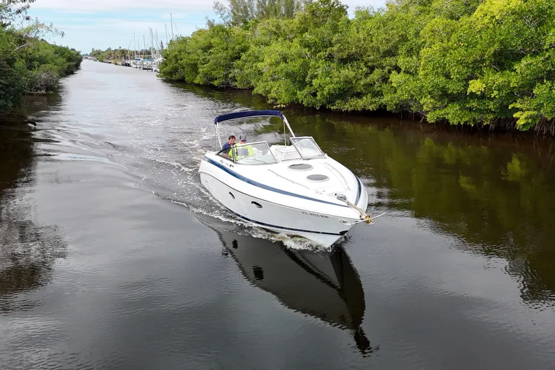 Slide: The Image of 1999 Cobalt 293 boat cruising on a calm river near lush green trees. - 75